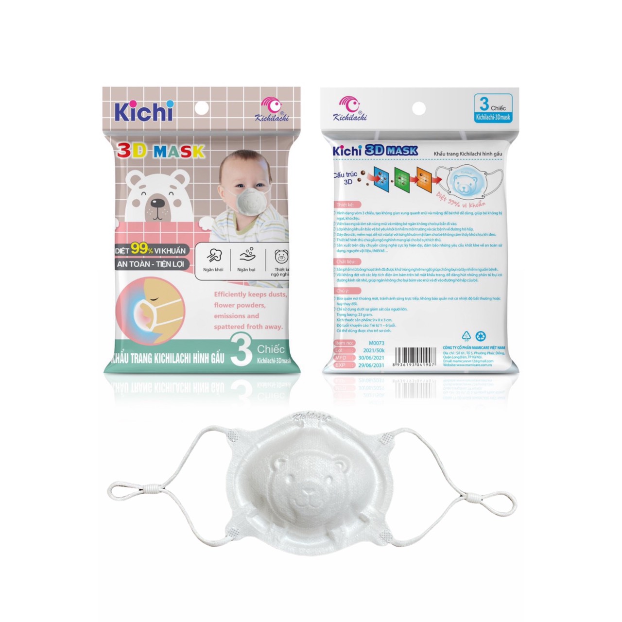 Khẩu trang gấu Kichilachi cho bé [Set 3 chiếc][Cam kết hàng chính hãng]