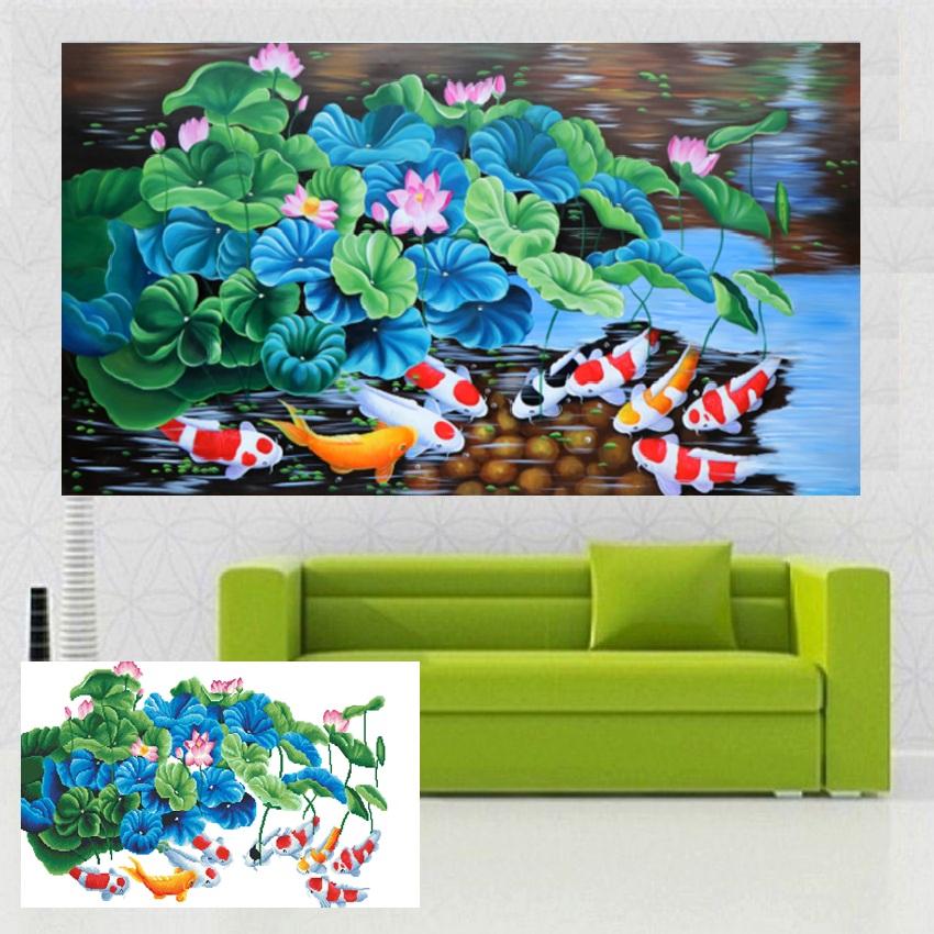 Tranh đính đá Cửu ngư quần hội LV063 120*65CM (TRANH TỰ ĐÍNH)