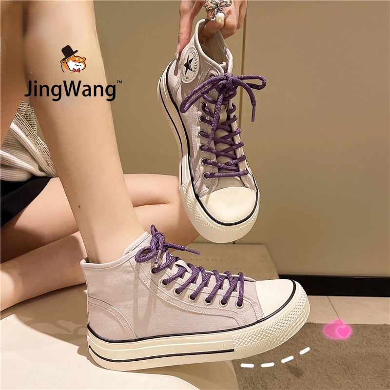 JingWang【Free Shipping Miễn phí vận chuyển】 Giày vải đế dày phong cách hàn quốc cho nữ giày học sinh mũi tròn viền ren cao cấp mớio812