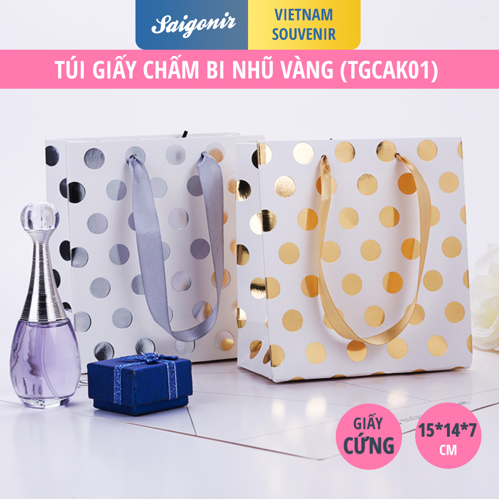 Túi giấy cứng đựng quà Chấm bi nhũ ánh kim TGCAK01 Cao cấp Nhũ Lấp Lánh Sang Trọng Size 15x14x7cm Quai Vải Chất Lượng -Saigonir