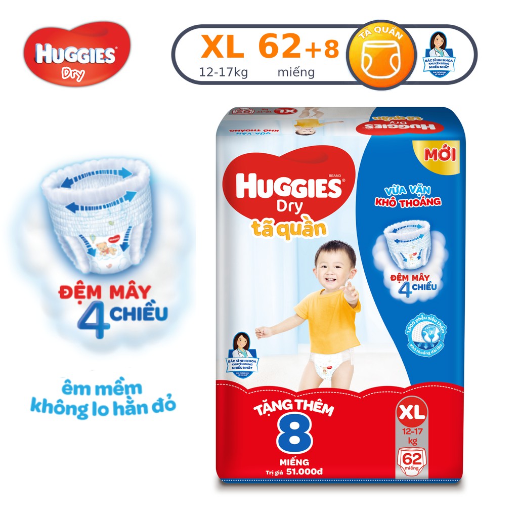 Tã quần huggies m74 l68 xl62 xxl56 tặng 8 miếng