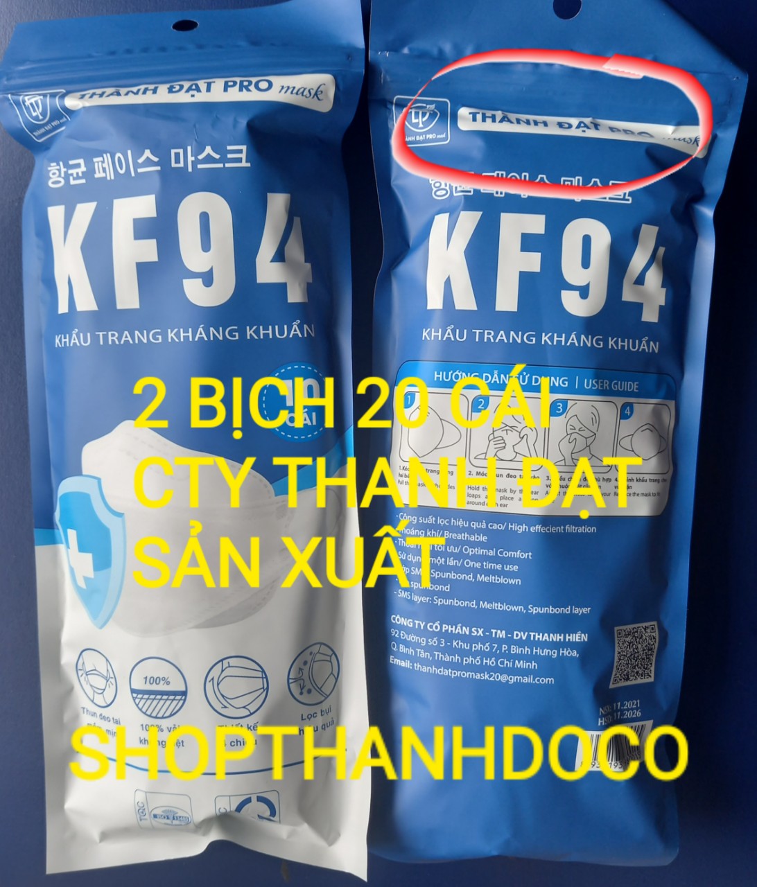 Khẩu trang kf94 thành đạt 2 bịch 20 cái trắng