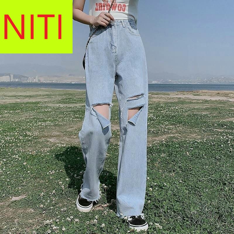 [HCM][ FREESHIP NGỔ NGÁO ] QUẦN JEAN ỐNG RỘNG NỮ LƯNG CAO MÀU XANH NHẠT CAO CẤP NITI RÁCH VẠT PHẢI  SỌC VẠT TRÁI NGẦU VÔ CÙNG CÁ TÍNH MẠNH CỰC TREND