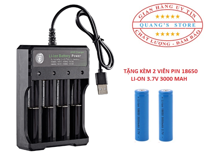 Sạc Pin Tự ngắt và có đèn báo khi đầy BMAX 4 Khe cao cấp dùng cho pin 18650 - Tặng Kèm 2 viên pin 3.7V 18650 3000 mAh