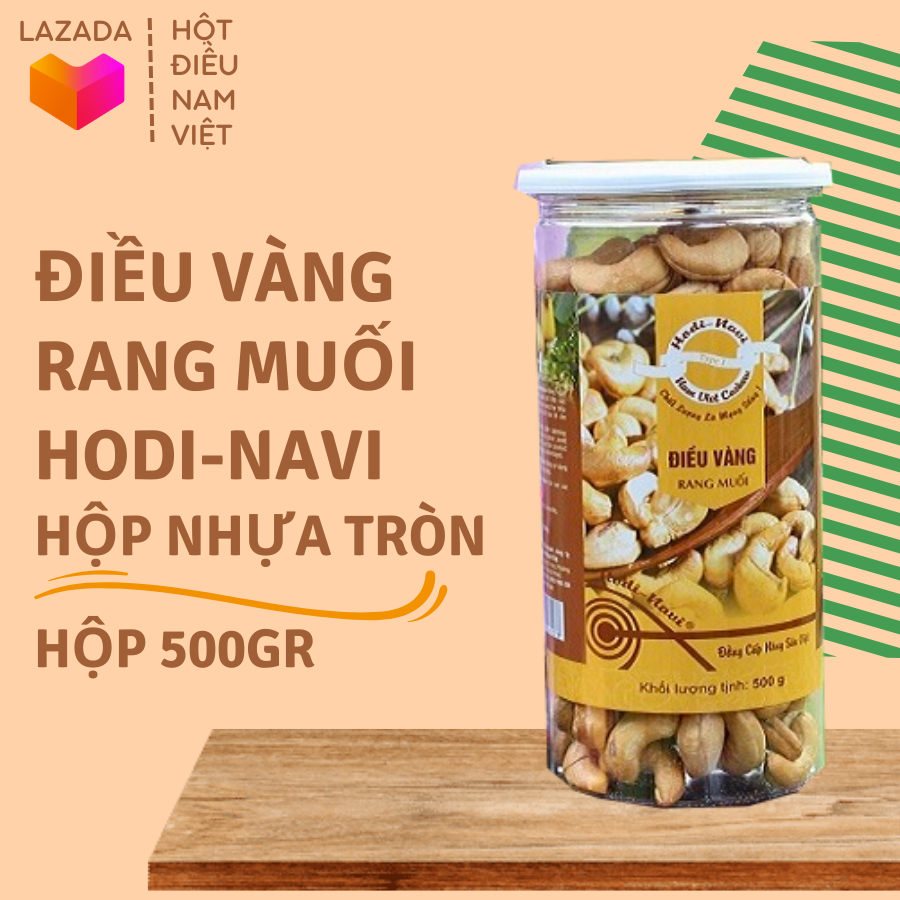 Điều vàng rang muối Hodi - NaVi hộp 500gr, nguyên hạt, đóng gói hợp vệ sinh, hạt bùi, thích hợp làm quà tặng dịp Tết cho người thân