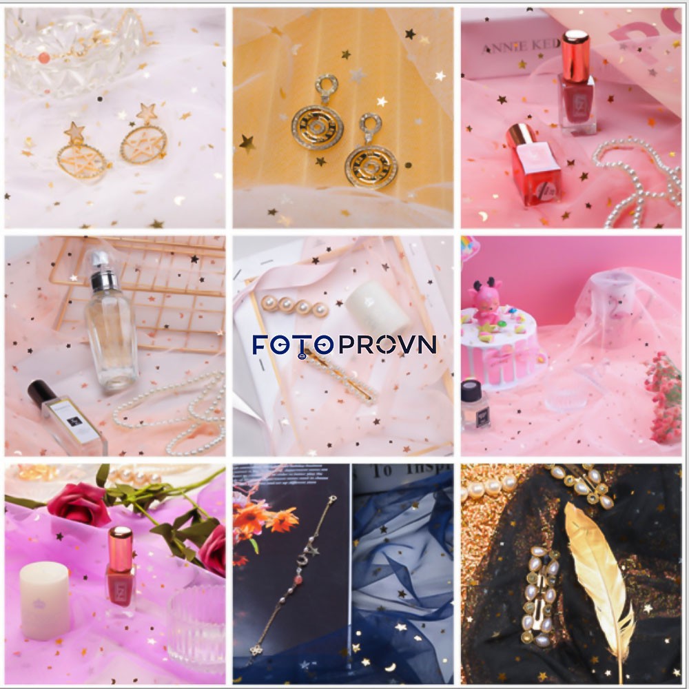 Vải tuyn lưới voan đính ngôi sao lấp lánh phụ kiện chụp ảnh (kích thước 70x100 cm)