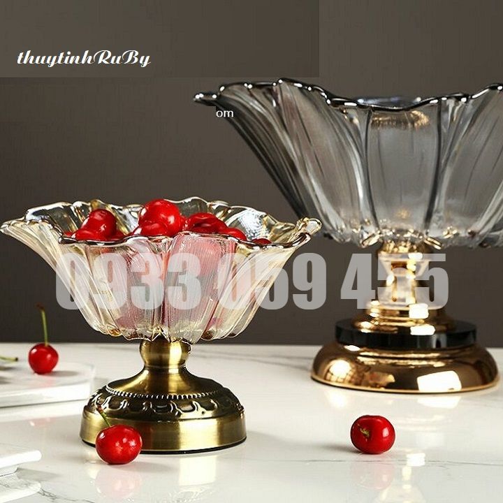 Đĩa trái cây thủy tinh cao cấp nhũ vàng chân mạ đồng, Tô Đựng Hoa Quả, Đĩa Trái Cây đẹp, Thố thủy tinh đựng mứt ngày tết, dĩa Bánh Kẹo ngày Tết đẹp sang trọng