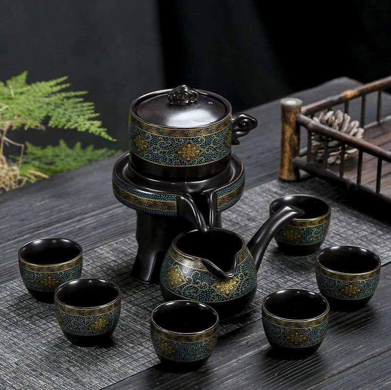 Bộ ấm chén uống trà cao cấp cối xoay- xanh đen vàng- gồm 1 ám trà, 6 chén trà và 1 cối xoay