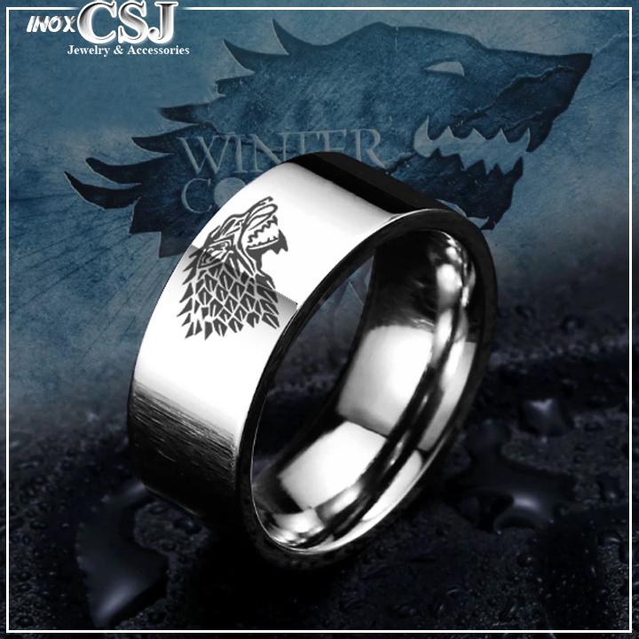 Nhẫn inox bảng to 8mm khắc hình sói viking không đen vĩnh viễn N651