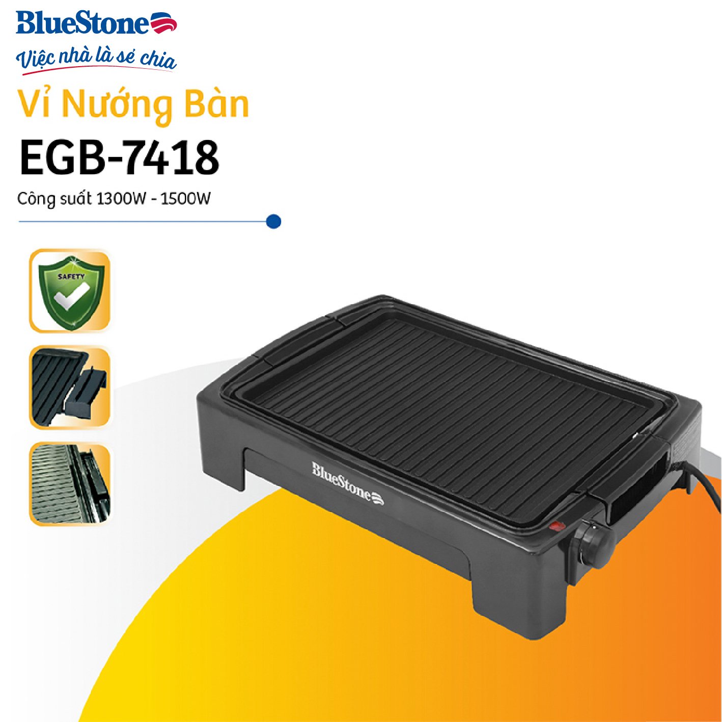 Vỉ nướng điện bluestone egb-7418 - công suất 1300-1500w - điều chỉnh nhiệt độ 5 mức - thiết kế mặt vỉ nướng phủ ceramic chống dính cao cấp - bảo hành 2 năm - hàng chính hãng