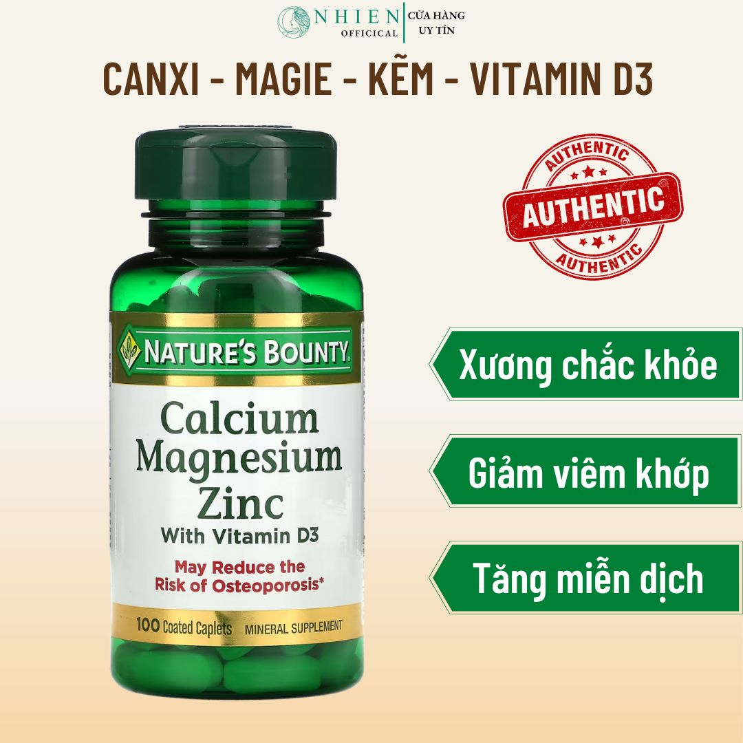 Viên uống Canxi magie kẽm Nature bounty giúp xương chắc khỏe, phòng ngừa loãng xương, giảm viêm khớp 100 viên
