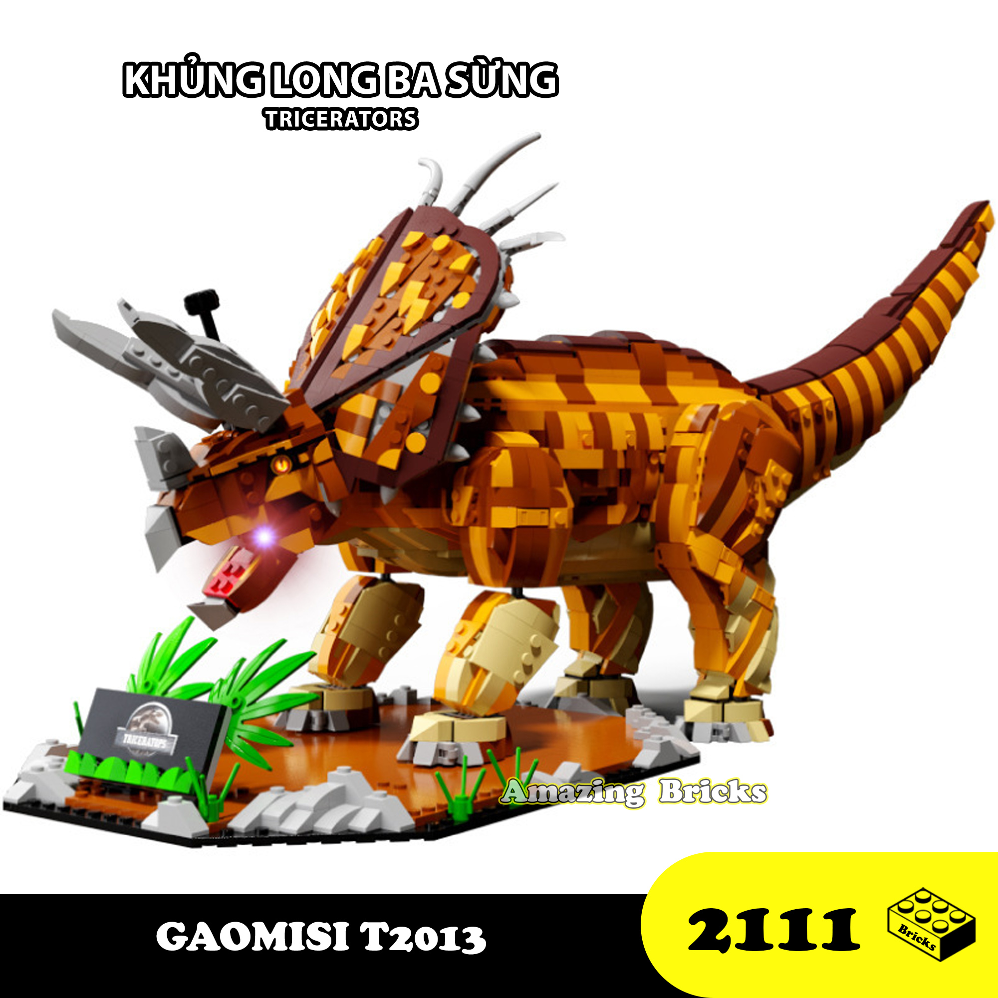 Đồ chơi Lego lắp ráp Khủng long ba sừng, Tê giác long Triceratops, Gaomisi T2013 Xếp hình thông minh, Mô hình trí tuệ, Sách hướng dẫn chi tiết, Nhựa ABS an toàn