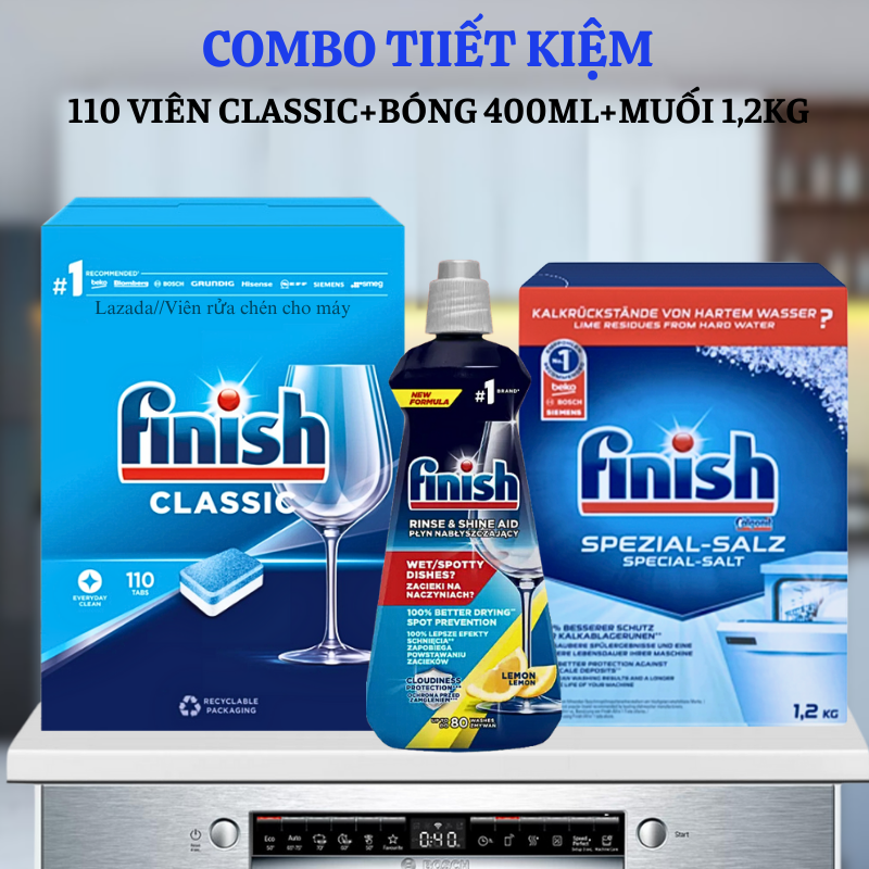 Combo rửa bát Hộp 110 Viên Finish Classic + Bóng Finish 400ml + Muối Finish 1.2kg dùng cho máy rửa chén bát
