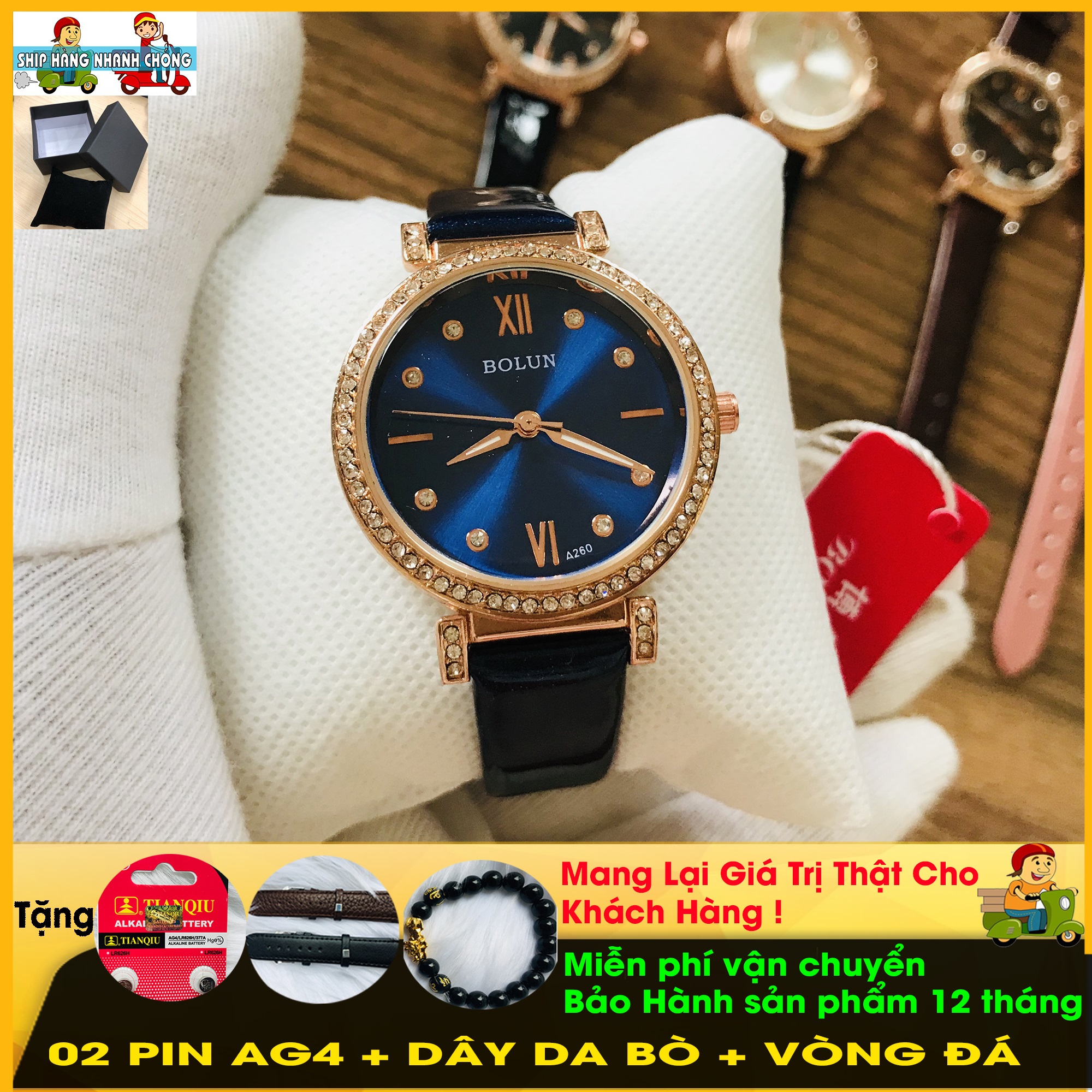 Đồng hồ nữ nhãn hiệu B O L U N 2377, dây da, viền đính đá không bong tróc, đồng hồ thời trang, dây da màu Xanh, mặt xanh sang trọng