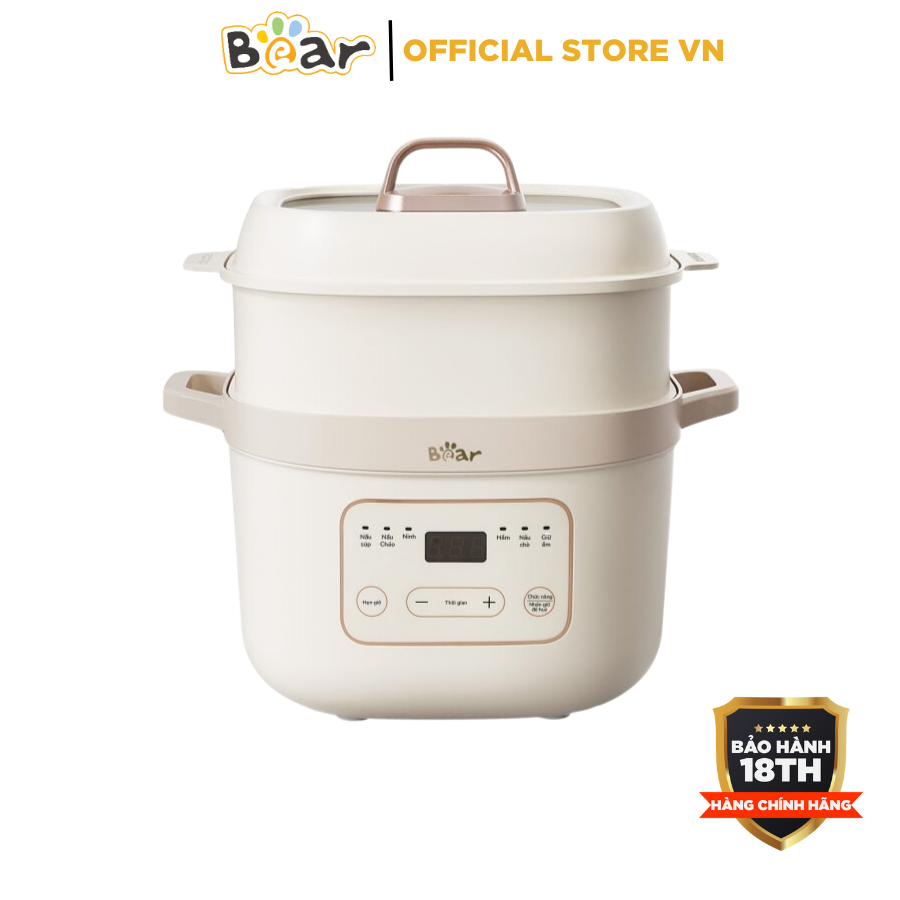 Nồi nấu cháo chậm bear 1.6l sb-nnc16 - công suất 270w- chưng yến, hầm, ninh - hẹn giờ kèm lồng hấp, bảo hành 18 tháng