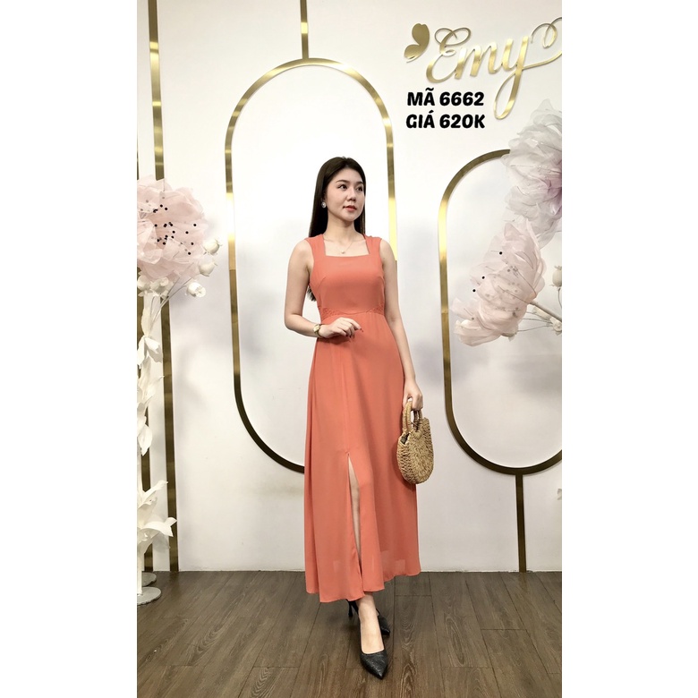 Đầm emy em6662 maxi cam sát nách xẻ tà