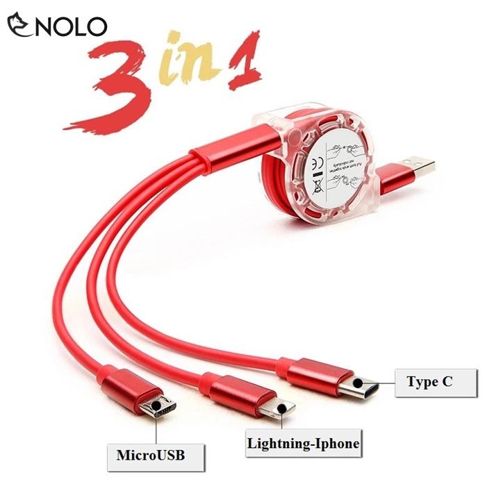 Cáp sạc 3 đầu dây rút 3in1 microusb, type c, lightning iphone dây tpe lõi đồng siêu bền 100cm