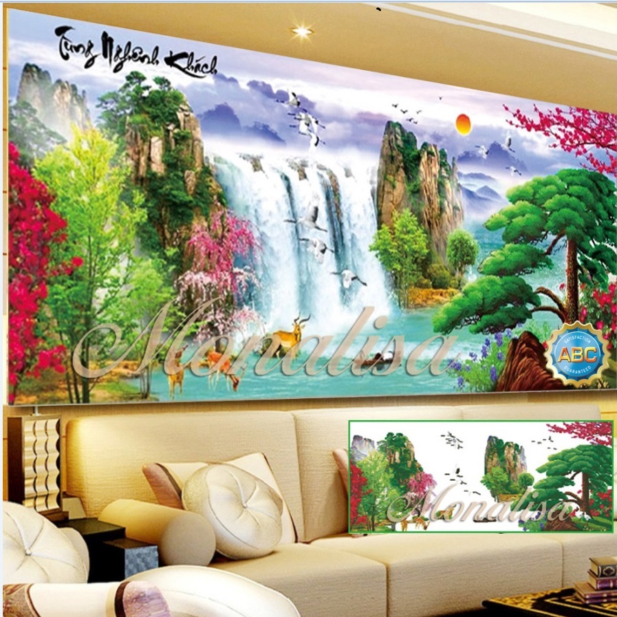 Tranh đính đá phong cảnh thác nước đẹp 1mx50cm