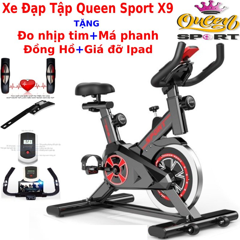 Máy tập xe đạp tập thể dục tập gym tại nhà Queen Sport X9 tặng má phanh dự phòng + cảm biến nhịp tim + đồng hồ đo 7 chỉ số + giá đỡ điện thoại smartphone, BẢO HÀNH 36 THÁNG