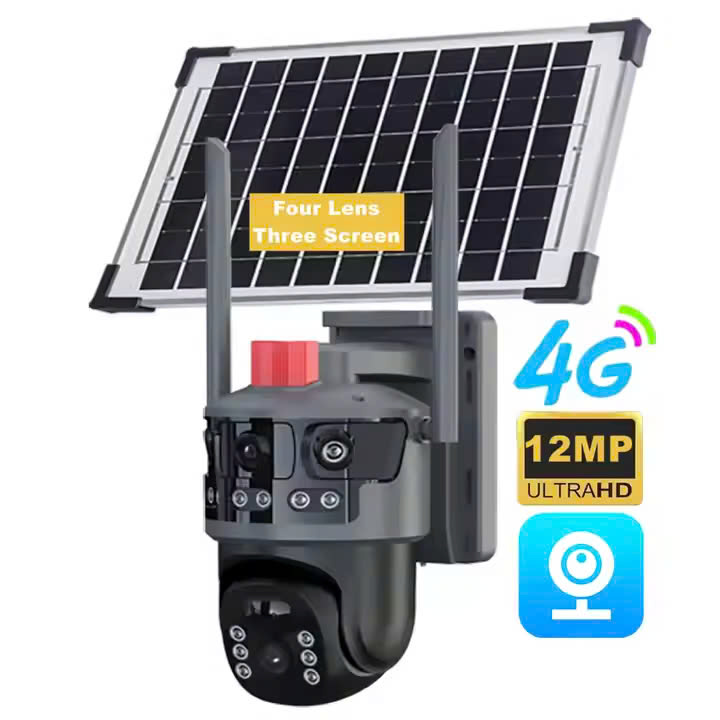 ( Mẫu Mới 2025 ) Camera Năng Lượng Mặt Trời Sim 4G 4 Mắt 12MPX Độ Zoom 10x Siêu Nét - Màn Hình Kép Xem 3 Màn Hình Cùng Lúc Xoay 360 Độ, Phát Hiện Thông Minh Báo Động Di Động, Giám Sát Ban Đêm Có Màu, Đàm Thoại 2 Chiều