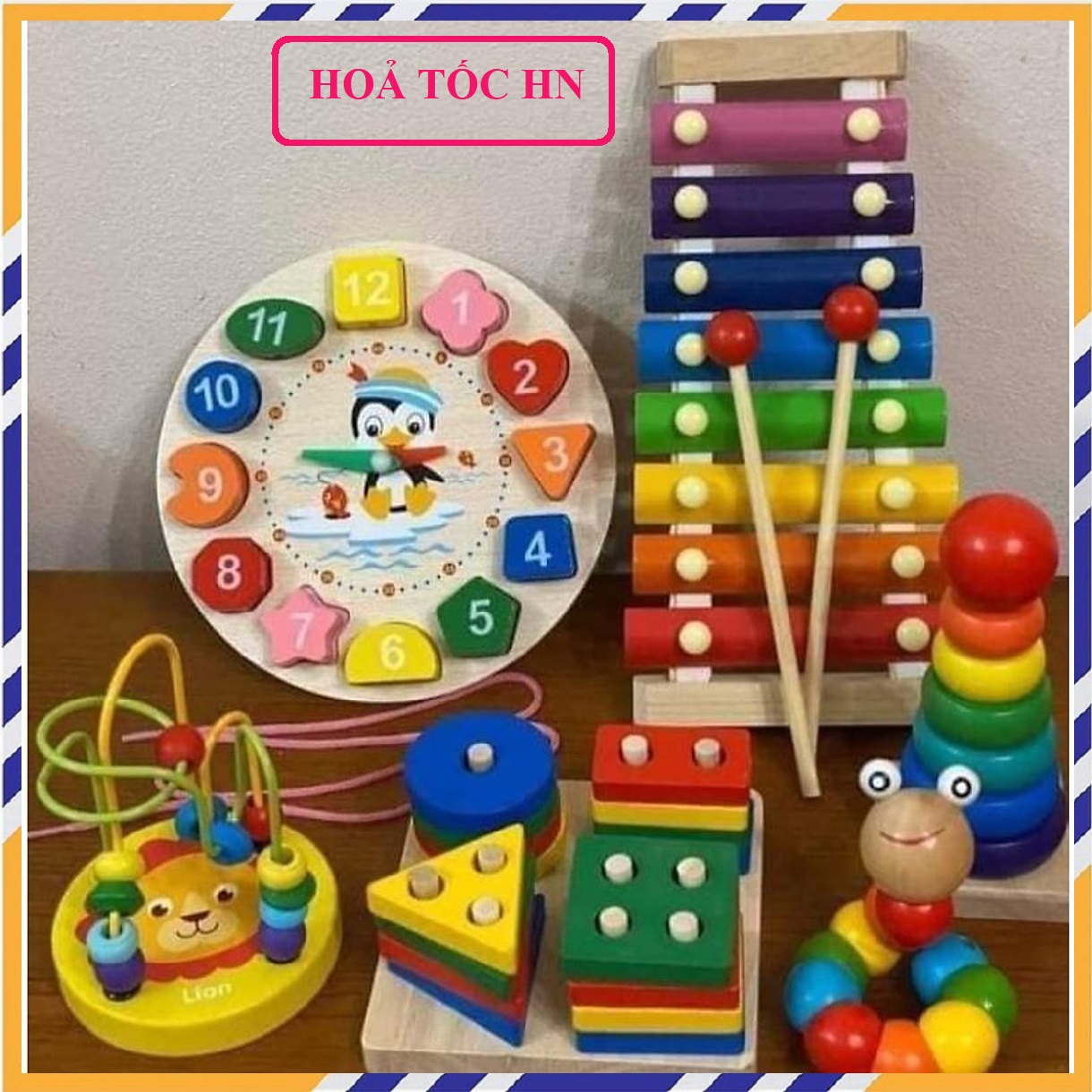 Combo 6 món Đồ chơi cho bé bằng gỗ Freeship đồ chơi giáo dục luồn hạt - sâu gỗ - đàn gỗ - cầu vồng - thả hình - đồng hồ