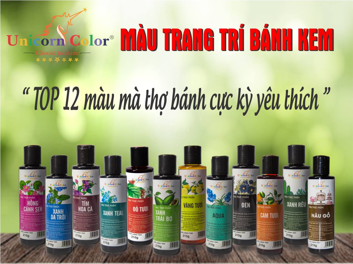 Bộ 12 màu unicorn cơ bản - chuyên dụng trong bánh kem, bánh kẹo, món ăn, đồ uống... đạt đạt tiêu chuẩn iso22000:2018