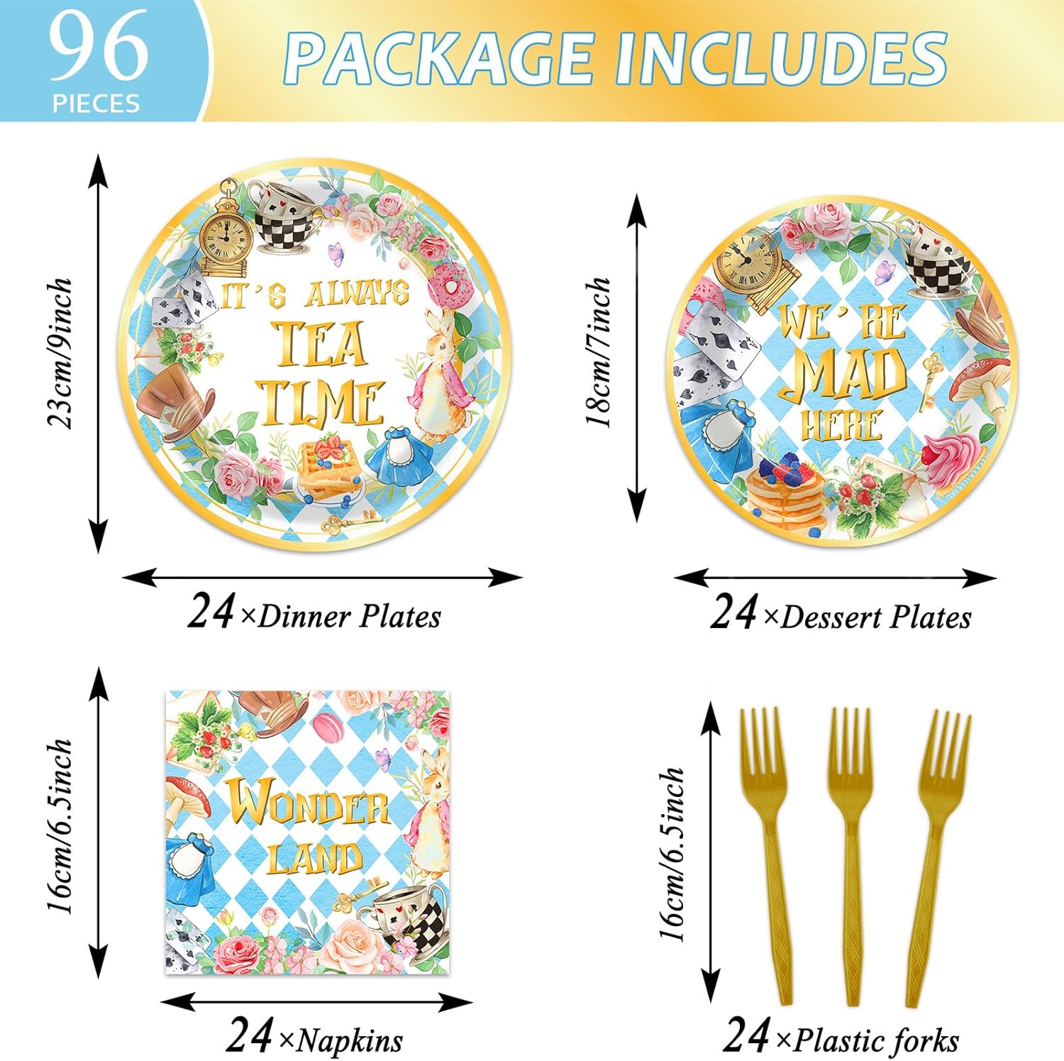 96pcs Wonderland Nguồn cung cấp bên Wonder Land tấm giấy khăn ăn trà theo chủ đề bên Bộ đồ ăn đặt Wonderland đồ ăn cho cô gái sinh nhật bên bé tắm trang tr