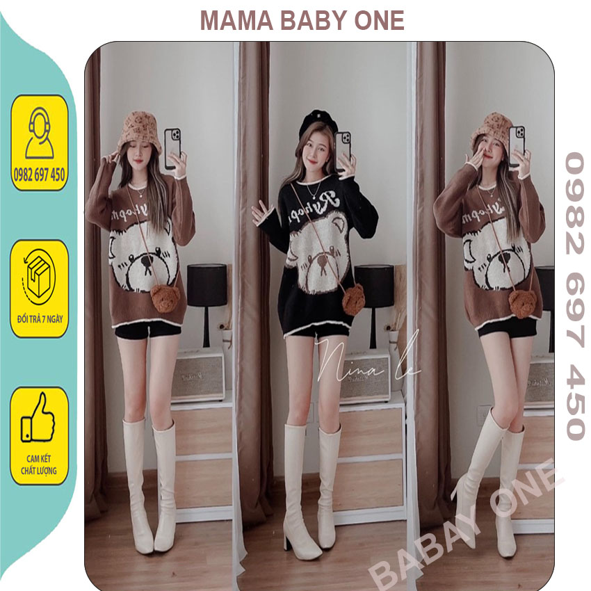 Áo bầu len chữ hình gấu dài tay kèm túi siêu cute-áo bầu len montoghi dệt kim hàng quảng châu.