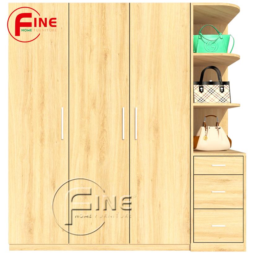 Tủ Quần áo Hiện Đại FINE FT043 gỗ MFC ngoại nhập thiết kế hiện đại, đường nét tinh xảo có ngăn trưng bày túi xách