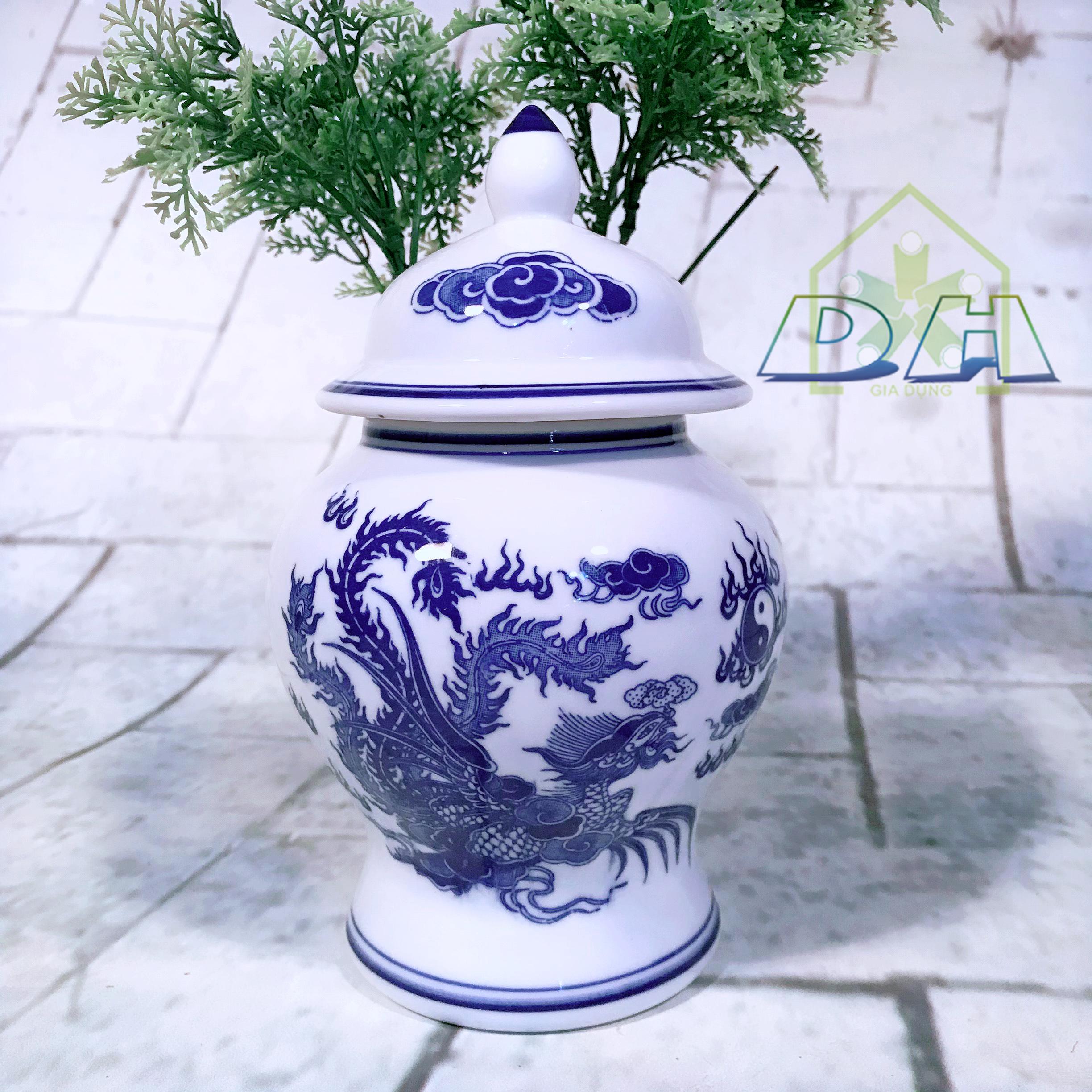 Hũ đựng muối gạo sứ Bát Tràng men xanh - 12 cm