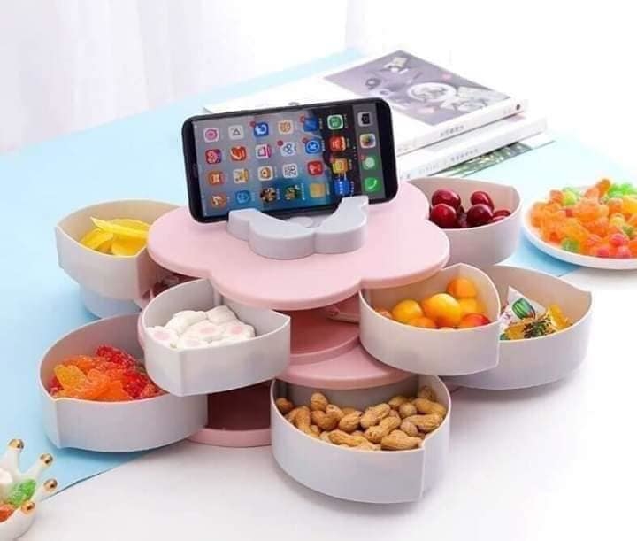Hộp mứt tết , khay đựng mứt tết , bánh kẹo 2 tầng 10 cánh hoa mai xoay có kèm khe giá đỡ điện thoại, tiện lợi