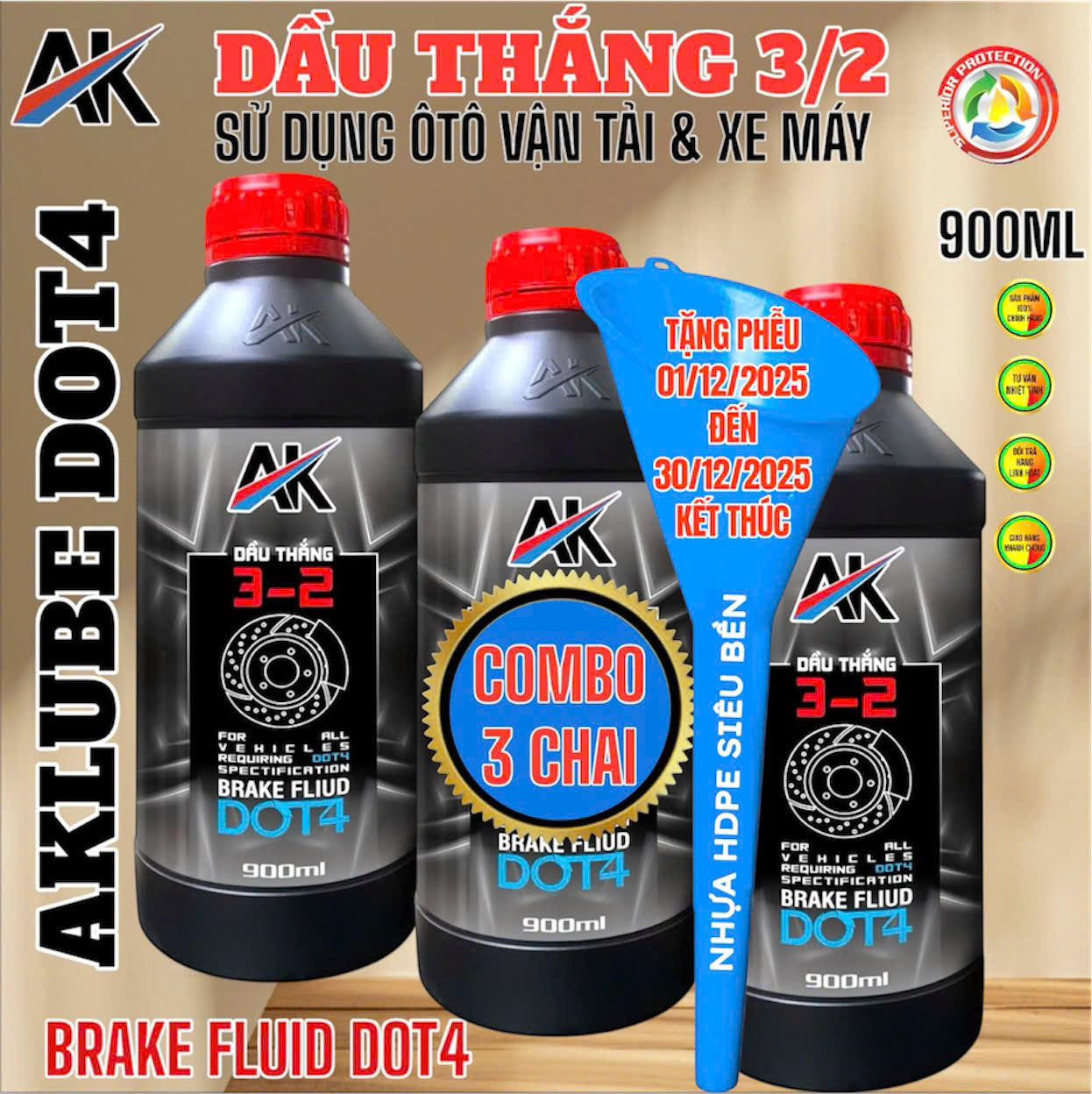 COMBO 3 CHAI AKLUBE DẦU THẮNG DOT4 3-2 900ML