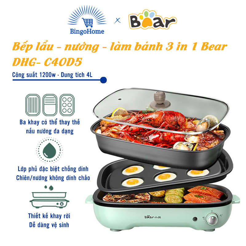 Bếp nướng điện BEAR SUBE004 đa năng, tích hợp nồi lẩu điện đa năng, nồi lẩu mini - BH 1 Năm