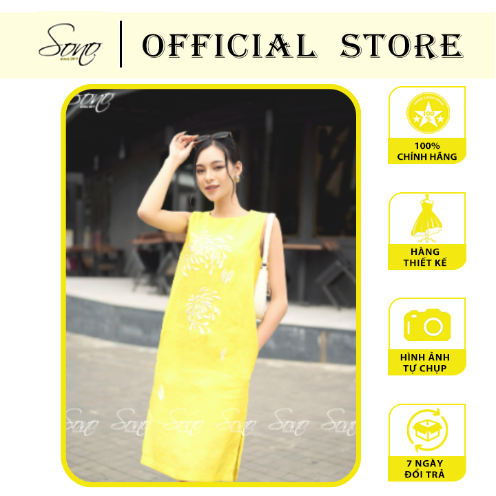 Đầm linen thêu cúc đại đóa thiết kế tinh tế sang chảnh trẻ trung