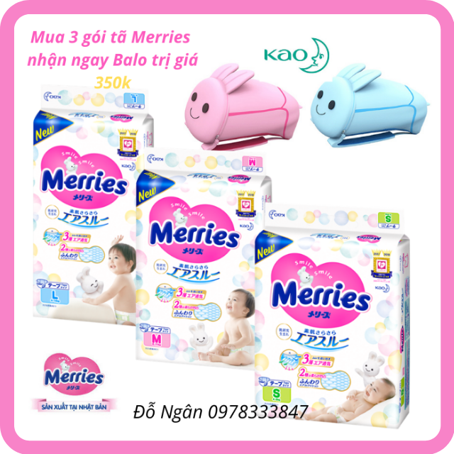 Combo 3 bịch bỉm tã dán merries nhập khẩu chính hãng công ty kao việt nam đủ size nb90 s82