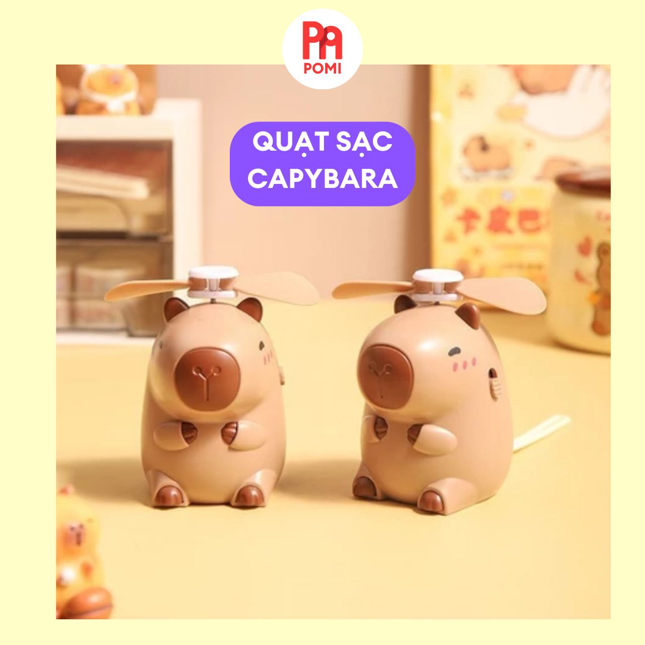 Quạt sạc pin mini Capybara cầm tay có kèm dây đeo nhỏ gọn tiện lợi - Quạt điện đeo cổ capybara học sinh di động - POMI