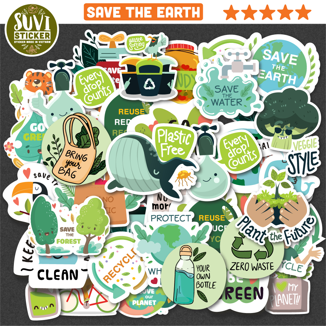 Sticker dán Save the Earth Set chống nước dán nón bảo hiểm, xe, laptop, điện thoại, vali