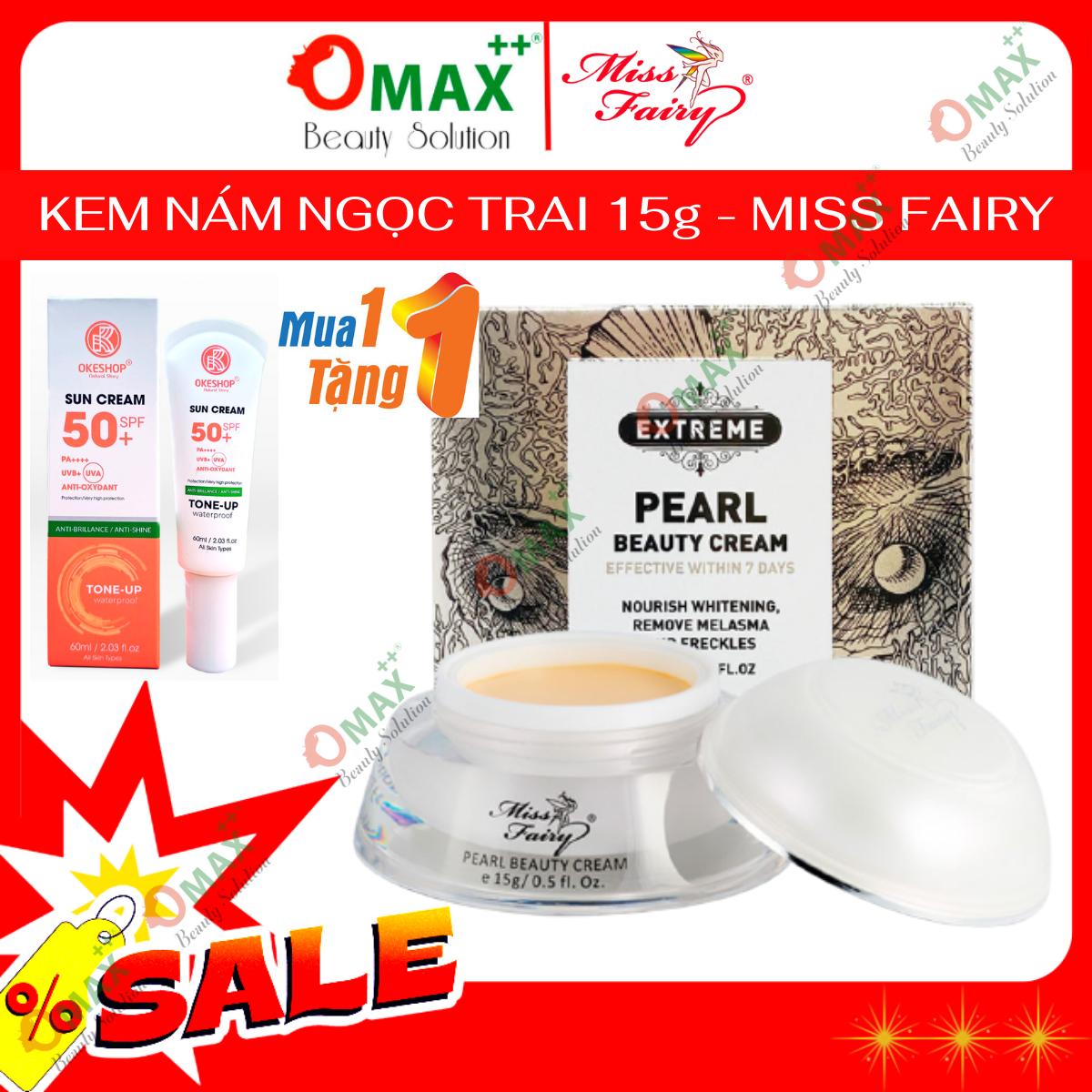 Kem MISSFAIRY NGỌC TRAI dưỡng trắng da giảm nám tàn nhang tinh chất Ngọc Trai Miss Fairy 15g