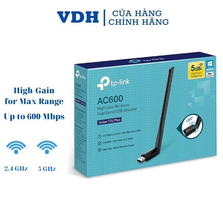Usb wifi TP-Link chuẩn AC600 Mbps USB adapter băng tần kép, usb thu wifi Archer T2U Plus cho máy tính pc VDH STORE