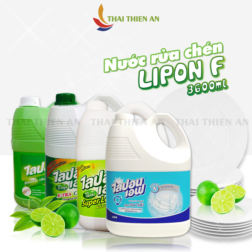 Nước rửa chén nội đại Thái Lan LIPON F 3600ml ít bọt không khô da tay không nhờn rít sạch dầu mỡ bám trên chén dĩa
