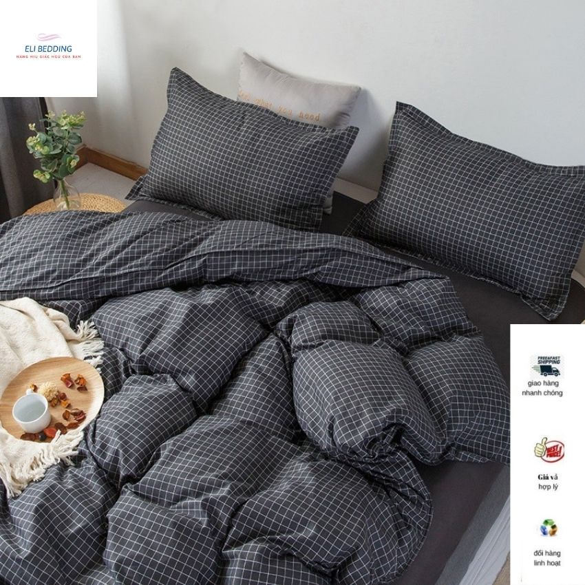[Miễn phí bo chun]Bộ chăn ga gối Cotton Poly caro Eli bedding, set 4 món gồm 1 vỏ chăn, 1 ga trải giường, 2 vỏ gối nằm, chăn ga gối đệm cao cấp chất liệu nhẹ, thoáng mát, phong cách Hàn Quốc