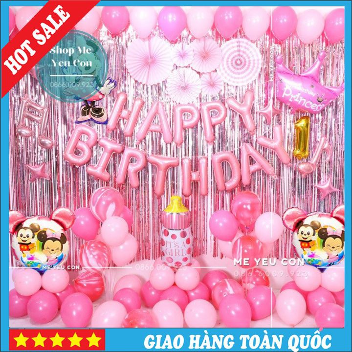 🍓FREESHIP🍓 Sét Sinh Nhật Cho Bé Gái Tuổi Chuột, Set bóng trang trí thôi nôi cho bé gái tuổi chuột, set bóng bay sinh nhật 1 tuổi giá rẻ tặng kèm bơm và băng dính