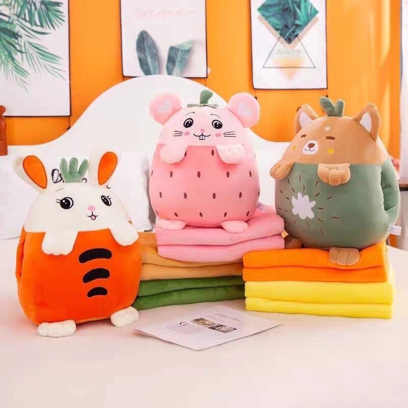 Chăn gối gấu bông biểu cảm, bộ chăn gối văn phòng hoa quả biểu cảm cute, chăn kèm gối thú nhồi bông cho bé đi học