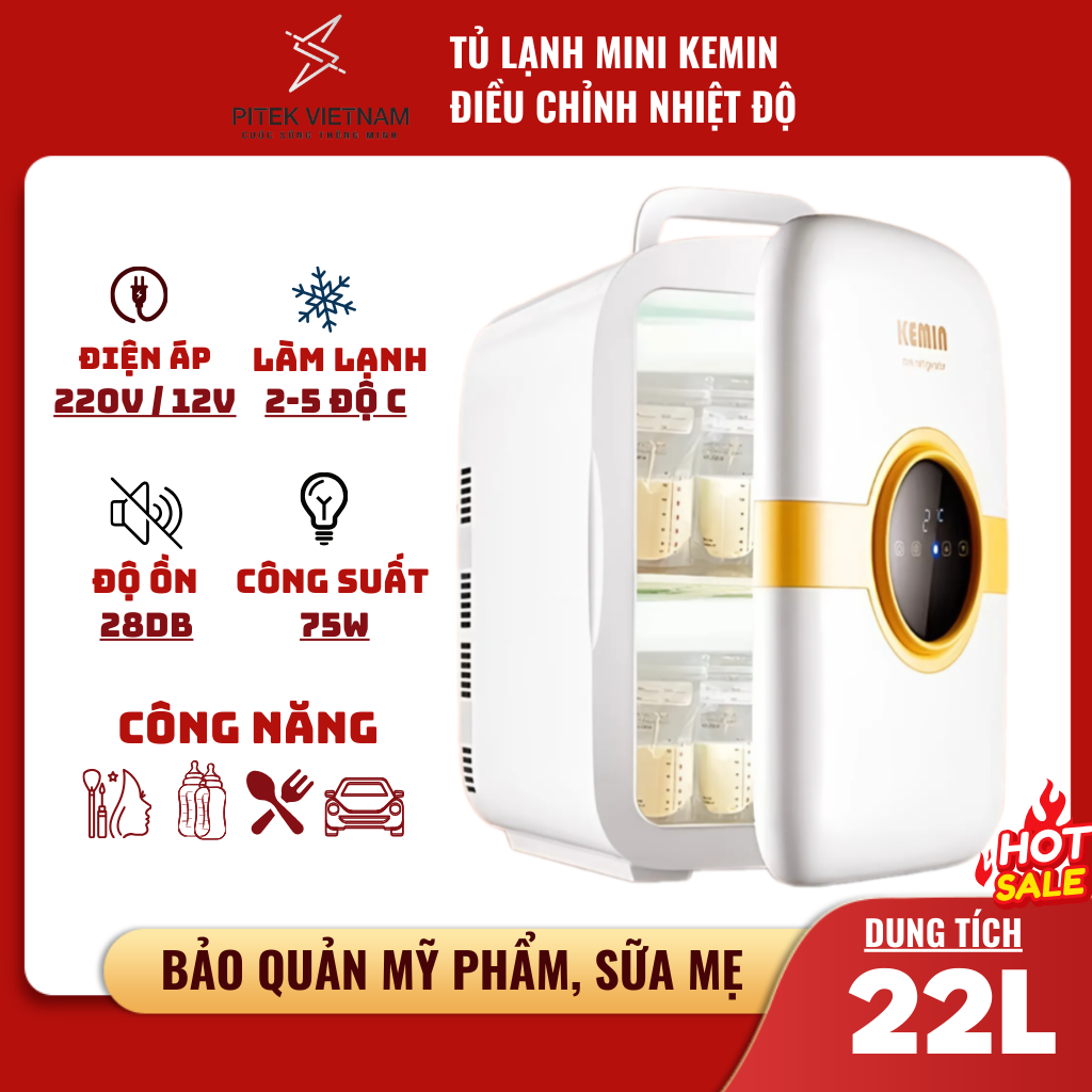 Tủ lạnh mini KEMIN cao cấp màn hình cảm ứng LCD điều chỉnh 2 chiều nóng lạnh 22L - Pitek