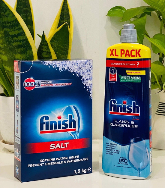 Combo Muối rửa bát Finish 1.5kg+750ml Nước làm bóng bát chén Finish