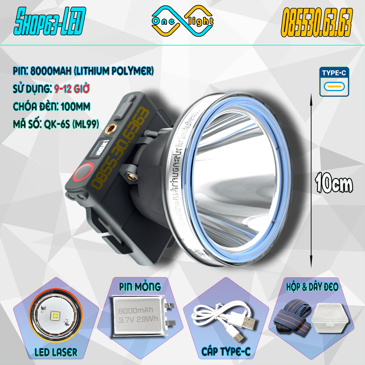 Đèn pin đội đầu chóa kín nước 10cm siêu công suất, đèn pha đeo đầu lad laser pin mỏng sáng mạnh 10 giờ (pin Polymer, kèm hộp nhựa, dây đeo, bộ sạc nhanh)