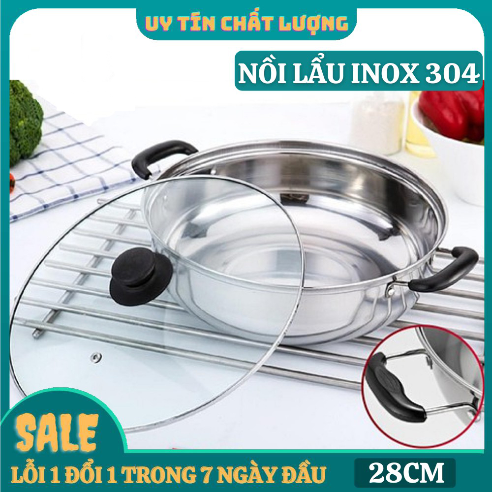 Nồi lẩu inox nắp kính 28cm đa năng, Nồi lẩu inox dày dặn có nắp kính cao cấp dùng cho bếp từ, bếp hồng ngoại, bếp ga, nồi lẩu inox (Bạc)-Nồi Lẩu 28cm Kèm nắp Kính