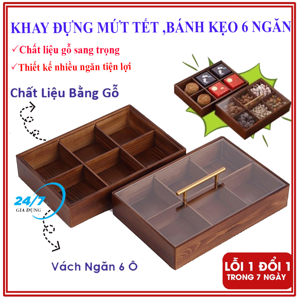 Khay mứt tết gỗ 6 ngăn cao cấp, Khay đựng mứt tết, các loại hạt có nắp đậy ngăn mùi chống ẩm, Hộp đựng bánh kẹo ngày tết cổ truyền 2024, Hũ đựng bánh kẹo, Khay đựng bánh kẹo, Khay mứt tết - Giadungbv247