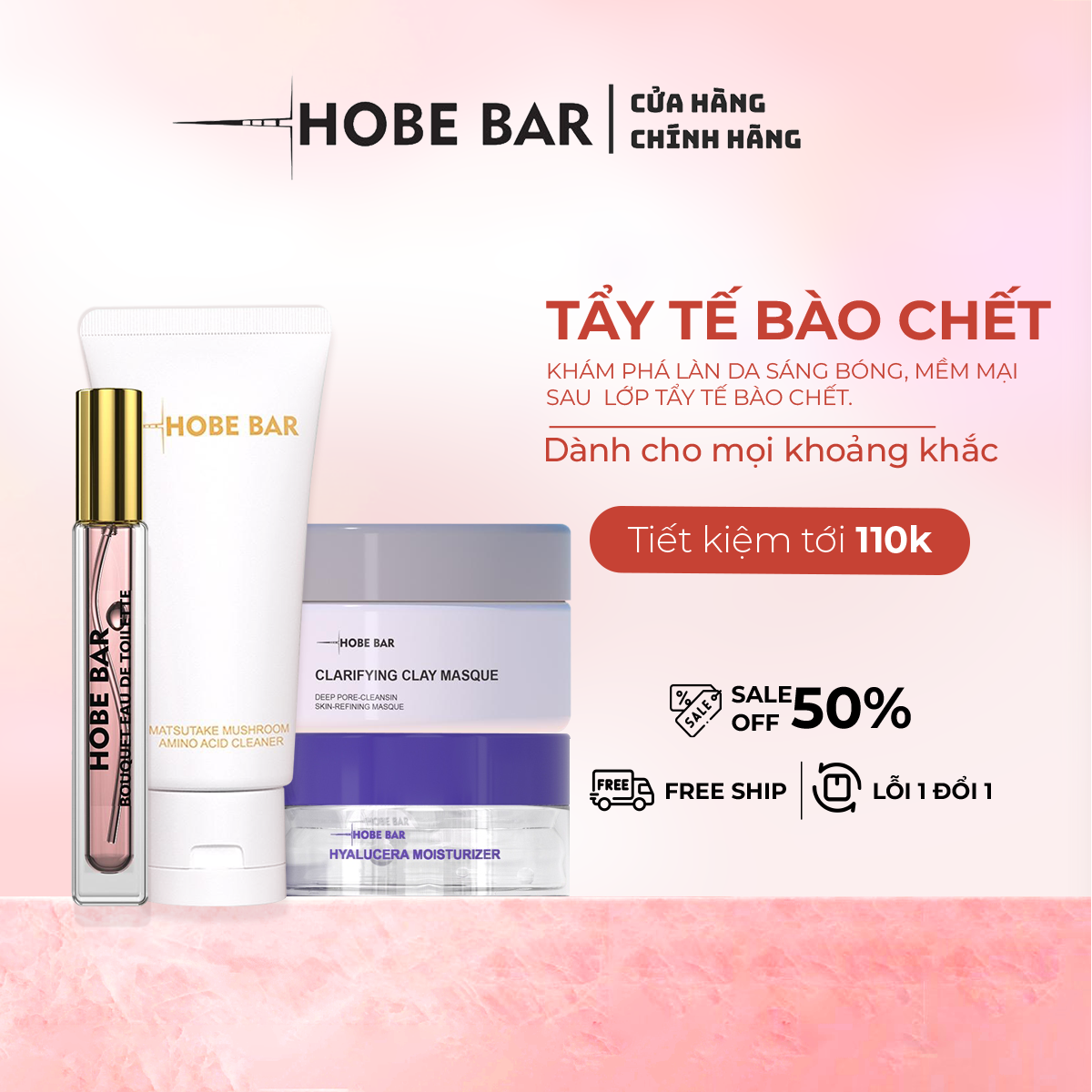 Combo tẩy tế bào chết HOBEBAR mặt nạ đất sét + sữa rửa mặt + kem dưỡng ẩm + nước hoa nữ bí quyết làm sạch sâu & cấp ẩm