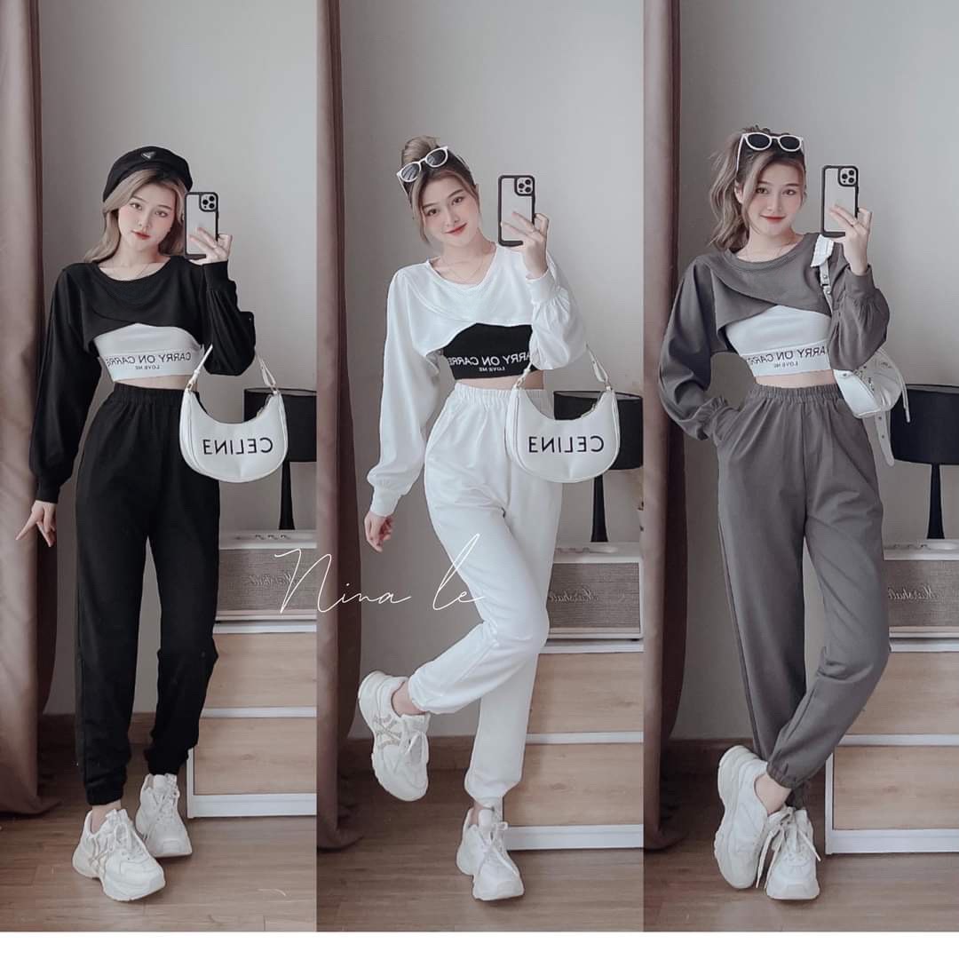 [Voucher 50k Freeship Max 0 đồng toàn quốc] Set 3 món quần ống rộng bo chân  áo thun kiểu croptop tay dài áo thun ông bo eo set thun dài hong cách thể thao cá tính đồ bộ thun dài vải dày đẹp